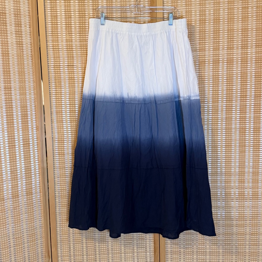 CJ Banks Blue White Ombre Cotton Tiered Maxi Skirt Plus Size 1X Boho Flowy Art